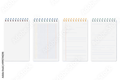 Spiral notebook vector set with blank, lined, and squared paper pages. Realistic white notepad collection for office stationery and school education supplies.
