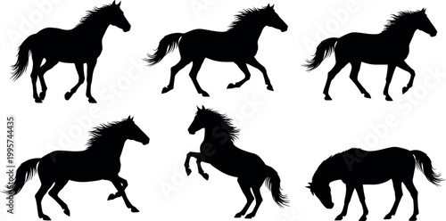 Silhouettes of horses in various dynamic poses against a white background