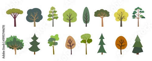 Collection of stylized trees with title text in flat vector style. Includes various types of deciduous and evergreen trees in different shapes and colors. Perfect for nature design, infographics, maps