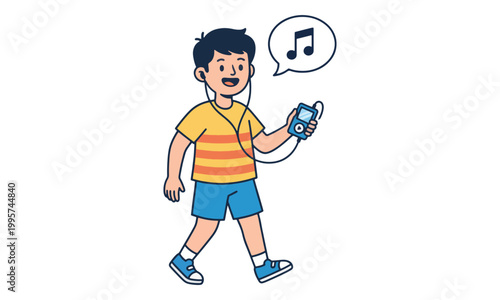 Boy listening to music with earphones and MP3 player cartoon