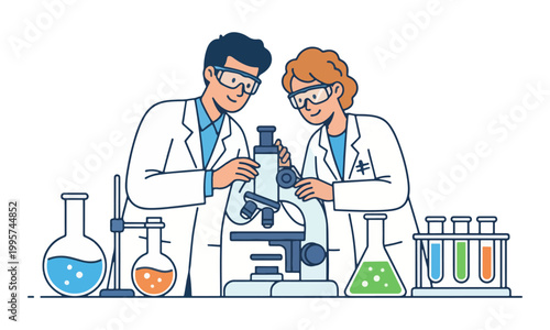Laboratory scientists using microscope and flasks illustration