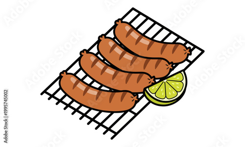 Grilled sausages on metal BBQ rack with lime wedge illustration