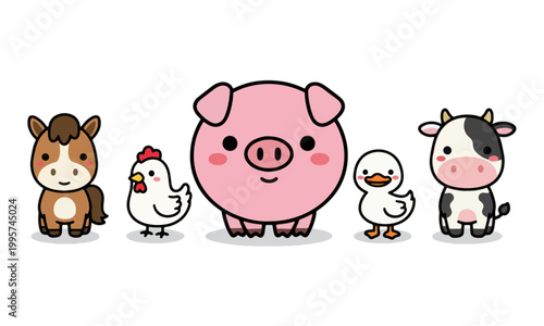 Kawaii Farm Animals Collection with Pig Cow Horse Chicken and Duck