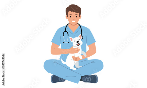 Male Veterinarian in Scrubs Holding Small White Dog Illustration