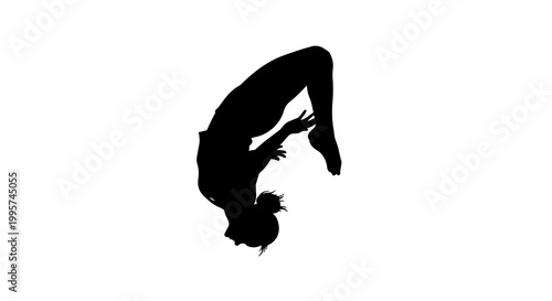 Tableau sur toile Black silhouette of a female gymnast performing a backflip, isolated on transpar