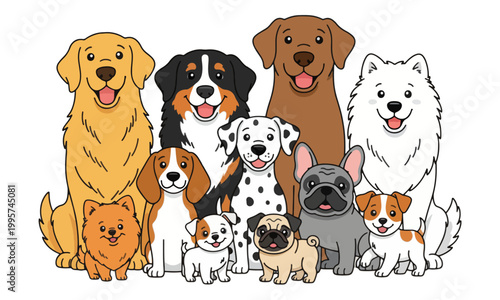 Various dog breeds collection vector illustration on white