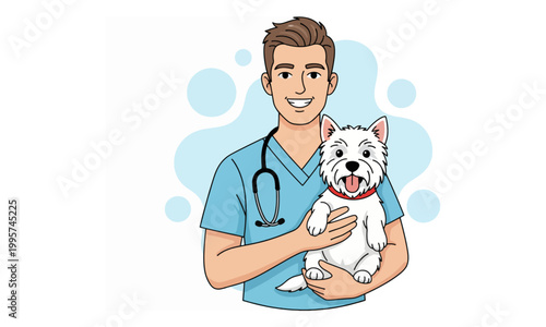 Male Veterinarian Holding White Dog with Stethoscope Illustration