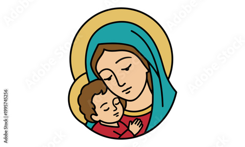 Virgin Mary holding Baby Jesus vector icon illustration