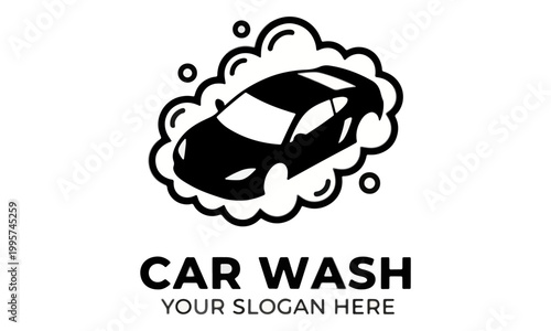 Car wash logo with sports car and soap bubbles icon