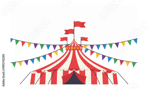 Red and white circus tent with bunting on white background