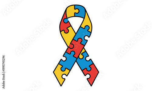 Autism Awareness Ribbon with Puzzle Piece Pattern on White Background