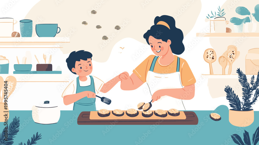 Obraz premium Illustration of a woman and child baking together, preparing food in a stylized kitchen
