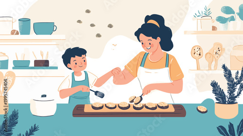 Illustration of a woman and child baking together, preparing food in a stylized kitchen