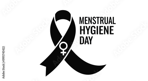 Black ribbon vector graphic illustration with female symbol and text for menstrual hygiene day awareness campaign