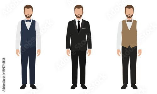 Men in Formal Suits Vests and Tuxedo for Wedding or Business Events