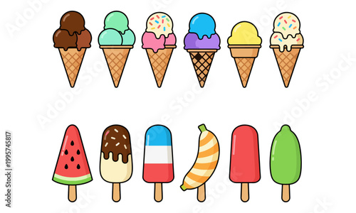 Various ice cream cones and frozen fruit popsicle vector icons collection