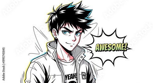 Anime style young man with speech bubble