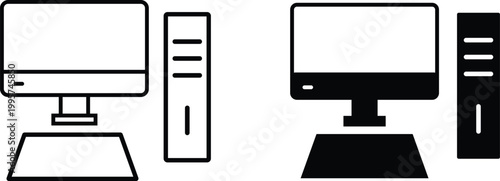 Set of computer equipment with monitors and towers side by side