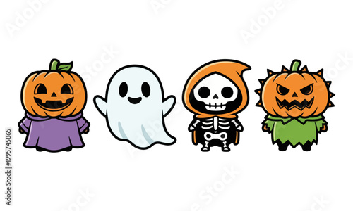 Cute Halloween Characters Set with Pumpkin Ghost and Skeleton Vector