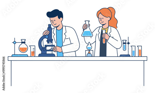 Scientists conducting chemical research in a modern laboratory vector