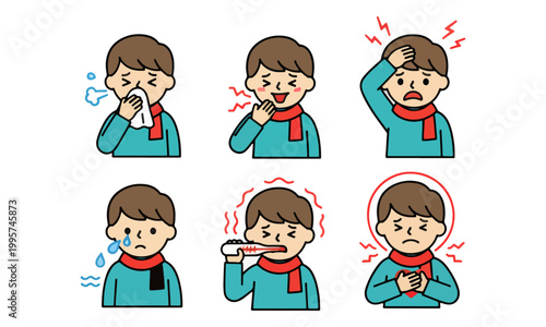 Sick Boy Flu Symptoms Character Cartoon Vector Illustration Set