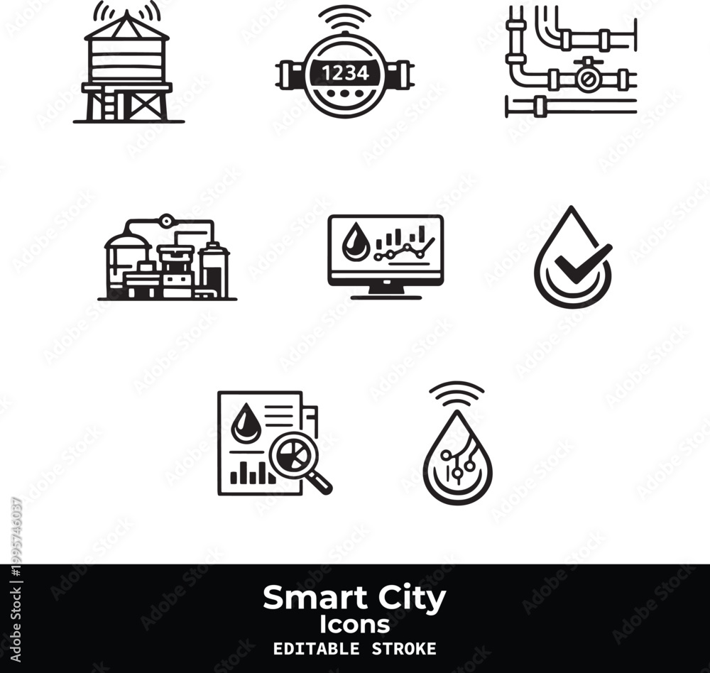 Fototapeta premium Smart City Black Vector Icon Set with Urban Technology and IoT Infrastructure Symbols