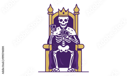 Skeleton King Sitting on Throne Holding Playing Cards Vector Design