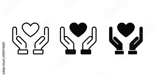 Heart in hand icons set. Charity heart icon set. Hands holding heart icon. Love icon. Donation, volunteer help, support, kindness, and solidarity