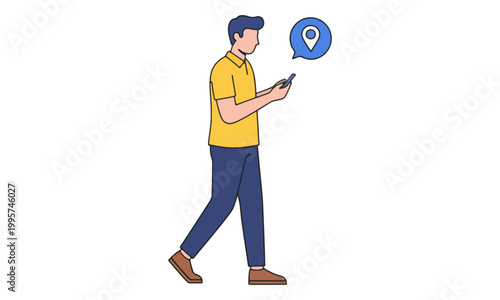 Man Walking and Using Smartphone Navigation App for Direction