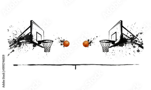 Abstract Basketball Hoops and Balls with Artistic Ink Splatter Design