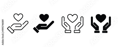 Hands holding heart icon. Love icon. Heart in hand icons set. Healthcare, donation, and giving aid, medicine symbol. Healthcare hands holding heart flat and line style