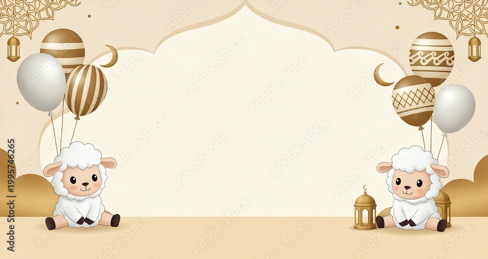 Fototapeta premium Cute Cartoon Sheep Islamic Background with Lanterns and Balloons Eid Design