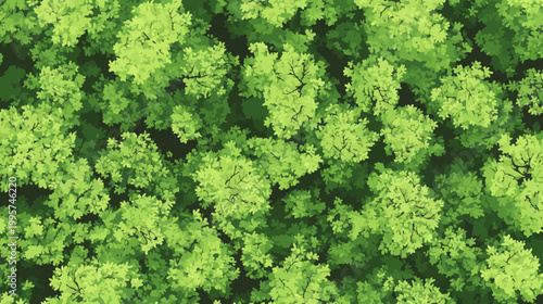 A top-down view of dense, digitally rendered tree canopy, showcasing various shades of green