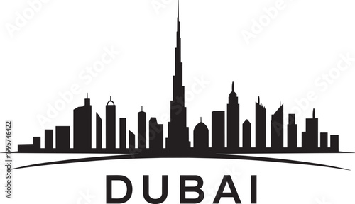 Dubai skyline silhouette with famous skyscrapers and curved line graphic with silhouette art