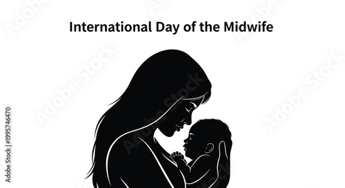 Black and white vector illustration showing a loving mother holding her newborn baby for special occasion