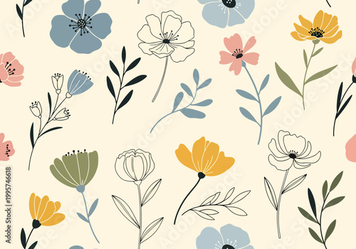 Delicate small scale floral pattern ideal for fabric design with subtle repetition and refined botanical elements