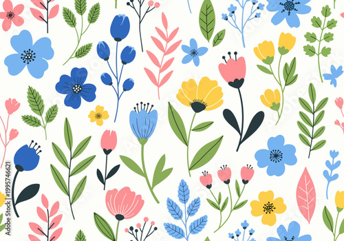 Classic English garden floral pattern with traditional blooms arranged in elegant and symmetrical repetition