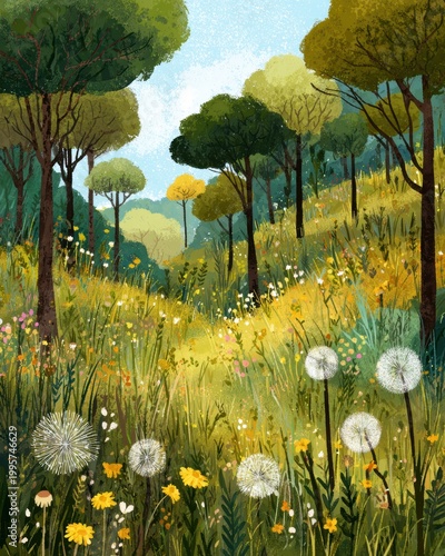 Delightful cartoon summer meadow surrounded by tall trees where children imagine storybook adventures, colorful dandelions and grass swaying, textured brushstroke illustration for seasonal learning