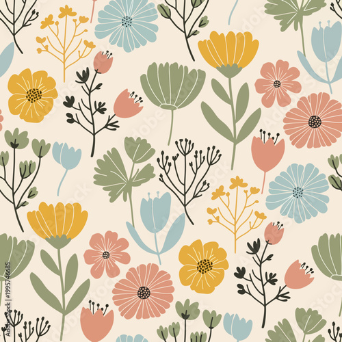 Nature inspired floral pattern with earthy tones and organic arrangements reflecting harmony between plants and environment