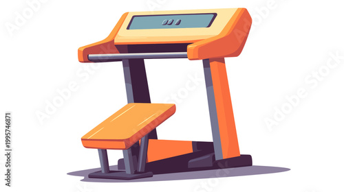 A stylized illustration of a treadmill fitness machine, shaded orange and purple