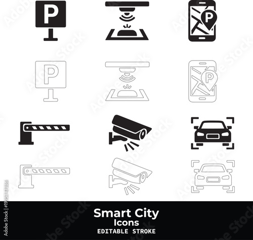 Smart City Black Vector Icon Set with Urban Technology and IoT Infrastructure Symbols