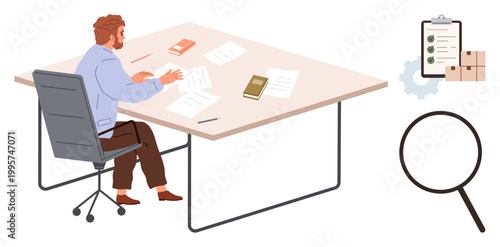 Office work, document management, logistics planning, quality control, business tasks, research. A man sits at a desk reviewing papers. Workflow and quality control concepts