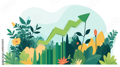 Stylized illustration depicting a green growth arrow amid lush foliage and flowers