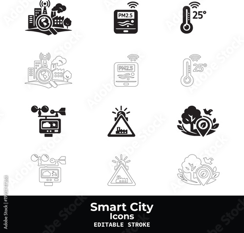 Smart City Black Vector Icon Set with Urban Technology and IoT Infrastructure Symbols