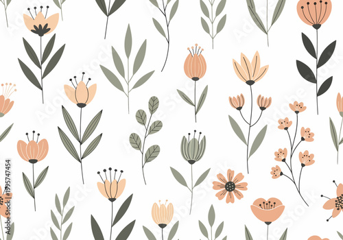 Minimalist flower pattern with simple line art blossoms arranged in a clean and elegant repeating grid composition