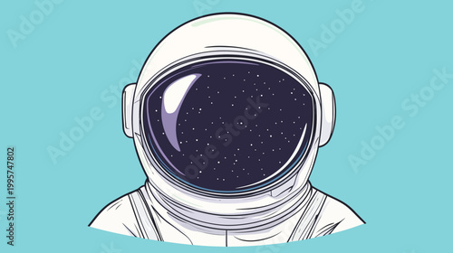 A cartoon illustration of an astronaut's face, helmet reflecting a starry night sky