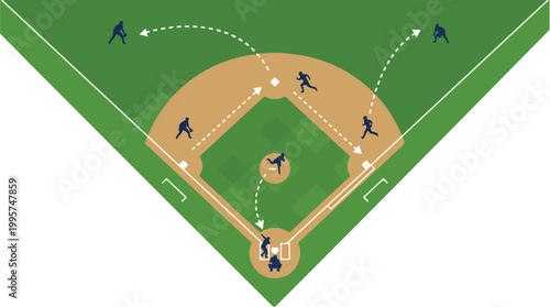 Baseball field diagram illustrating fielders and runners with movement arrows on diamond infield and outfield