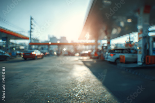 Blurred view of a busy gas station at sunset with cars fueling up.
