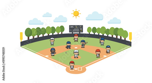 Vibrant cartoon baseball game on green diamond field with chibi players batting fielding under sunny sky and trees