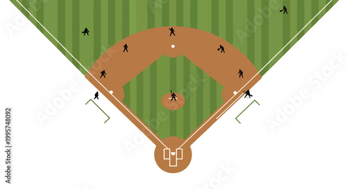 Aerial top-down view of a baseball diamond with players positioned on green outfield grass and brown dirt infield